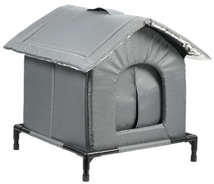 Niche Chat Extérieur, Abri Isotherme Imperméable et Résistant Au Vent pour Hiver, Cabane pour Chat Extérieur, Maison de Jardin Hors-Sol avec Pieds Surélevés pour Jardin, Cour, Terrasse, L