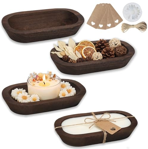 Toehube 4 Pack Wooden Dough Bowls for Candle Making, 9.5 x 5.5 Inch, Rustic Wood Bowls for Candles, Lightweight Farmhouse Empty Decorative Bowl, Key Bowl for Entryway Table