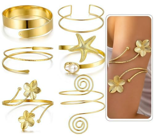 Glamoreal Set de 6 brazaletes dorados para mujer, brazaletes Boho de declaración para la parte superior del brazo, conjunto de brazaletes abiertos ajustables, joyería apilable