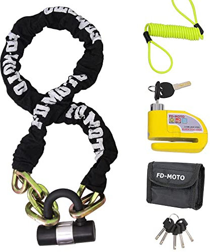 FD-MOTO 1.2M*10mm 3KG Steel Motorcycle Chain Lock Padlock + 110dB Yellow Alarmed Motorbike Brake Disc Lock + 1.5M Cable