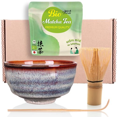 Goodwei BIO Matcha ekologiskt japanskt Vert Matcha teset med bambuvisp, matchaskål och en traditionell sked | Matcha-konstskål | Presentask (Uji)