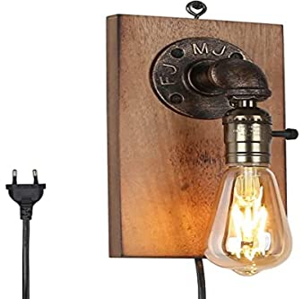 B·LED BARCELONA LED BarcelonaLED Applique da Parete Vintage Industriale in Legno Maniglia a Sospensione con Interruttore a Nanopola e Spina per Cavo per Lampadina E27 Soggiorno Camera da Letto