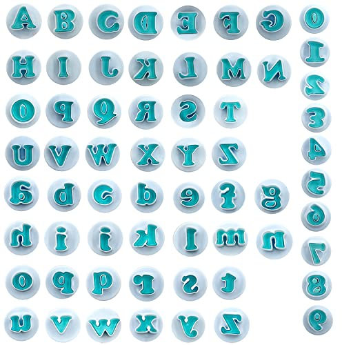 NICAVKIT 62-Teiliges Buchstaben und Zahlen Fondant Formen Set - Groß und Klein Buchstaben, 10 Zahlen Ausstechformen für Kuchen, Kekse und Fondant