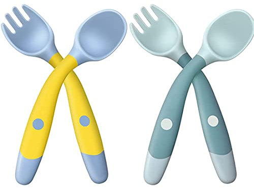 Clyhon Babylöffel, 2 Set Baby-Fütterlöffel Lernlöffel BPA-frei, weicher perfekter selbstflexibler Lernlöffel Fütterungs-Trainingslöffel for Babies 6 Months and Older (Grün Gelb)