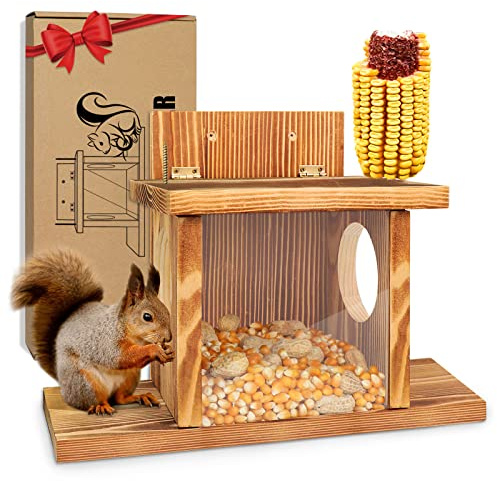 Carbonized Wood Squirrel Feeder, Squirrel Feeders for Outside Winter, Durable Squrrill House Box Easy to Fill with Removable Front Panel, Wooden Chipmunk Feeder for Corn, Peanuts