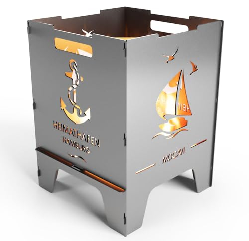 MOCAVI Edelstahl Feuerkorb Heimathafen 52 cm | 3 mm V2A personalisiert Design-Feuertonne für Garten, Terrasse und Balkon Feuerschale Feuersäule massiv sicher quadratisch Feuerstelle Outdoor hitzefest