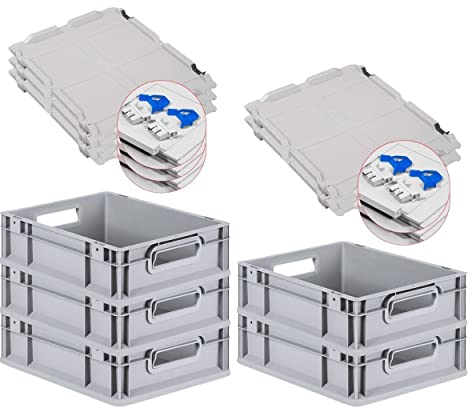 PROREGAL SuperSparSet 5x Eurobox NextGen Grip mit Scharnierdeckel und blauen Schiebeschnappverschlüssen, HxBxT 12x30x40cm, 11 L, Grau, Griffe offen, Eurobehälter, Transportbox