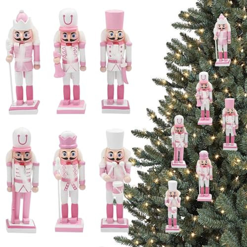 6Pcs Wooden Christmas Nutcracker Soldier Ornaments Pink,13cm Nutcracker.Soldier Mini Figures Christmas Tree Decorations,Xmas Nutcracker King Hanging Ornaments for Traditional Xmas Tree Decoration