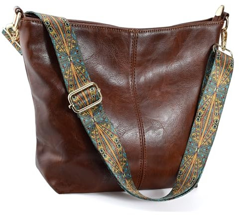 Huwzder Hobo Bags Umhängetasche aus veganem Leder, Gitarrengurt, Schultertaschen mit Reißverschluss, Handtaschen für Damen, Dunkelbraun, Umhängetasche