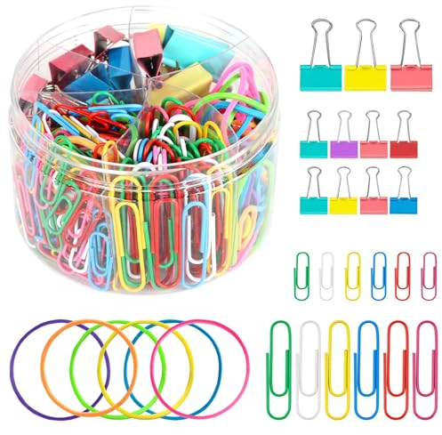 JENWUN Graffette per carta Morsetti per raccoglitori, 240 pezzi Set di clip colorate per ufficio con fermacarte Graffette Elastici per documenti Materiale scolastico per ufficio