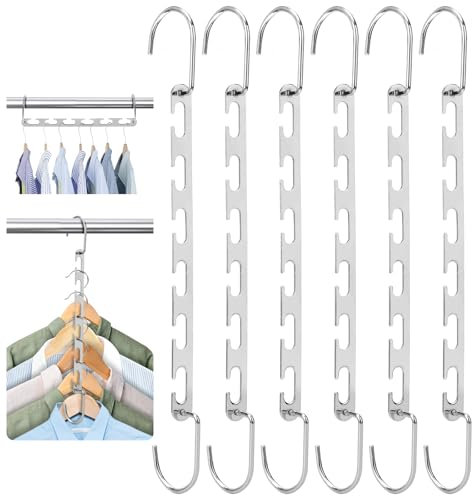 6 Stück Platz Max Kleiderbügel, 26CM Platzsparende Kleiderbügel Metall, Kleiderbügel Platzsparend Silber, Magic Magische Bügel