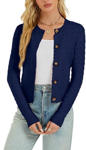 Bolero Mujer Cardigan Corto Hueco Grueso Chaqueta de Punto Manga Larga con Botones Rebecas Cuello Redondo Antiguo Básico Clásico Azul Marino XL