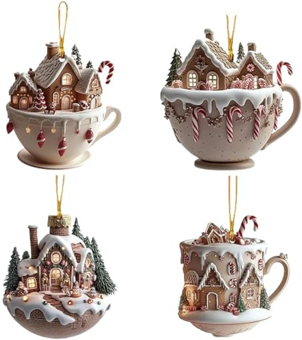 Hot Chocolate Ornaments for Christmas Tree, Christmas Coffee Cup Ornaments, 2D Acrylic Snow Houses Shaped Hot Chocolate Mug Christmas Ornaments, Christmas Tree Pendant for Indoor Outdoor