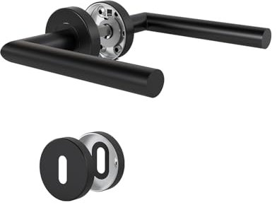 DIYGEEK Maniglie Porte Interne Nere, Maniglia Set Completo Acciaio Inox con Punta colorata Rosetta Ø52 mm BB, Forma di L, Nera Verniciatura a Polvere