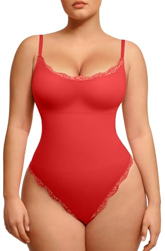 Lover-Beauty Lace Shapewear Bodysuits for Women Tummy Control Breathable Thong Seamless with Removable Cups Red Medium-Large