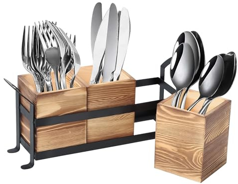 Träredskap caddie bestickhållare med metallbricka, träbestick caddie med 3 fack, redskapslagring köksredskap organisering bestick caddie matlagningsverktyg förvaring för bänkskiva (trä)