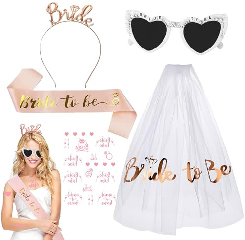 Amycute Hen Party Accessories Kit, Bride to Be Sash and Veil with Tiara, Bride to Be Sunglasses, Bride Tattoos, Hen Do Accessories for Bachelorette Bridal Shower Hen Night Party Wedding Decoration