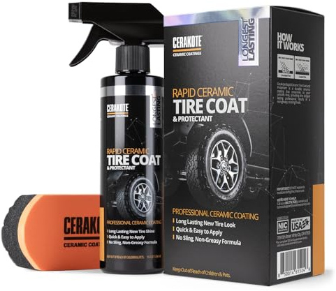 CERAKOTE Rapid Ceramic Tire Coat – Showroom New Tire Shine – Deep Tire Black Finish – Lasts Up to 10x Longer – No Sling, Non-Greasy Ceramic Tire Coating for Car, Truck & SUV – Easy Application (284ml)