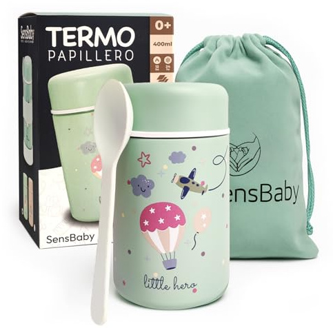 Termo comida bebe – Acero inoxidable 400ml, 8 capas aislamiento que mantiene caliente hasta 12h y fría hasta 24h perfecto para comida fuera de casa incluye cuchara bolsa regalo, solidos (Verde)