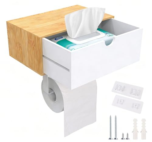 EFUTURETIME Portarrollos Papel Higiénico Adhesivo en Bambú y Acero Inoxidable, Soporte para Papel Higiénico con Caja para Toallitas Húmedas para Baños, Cocinas y Aseos, Natural