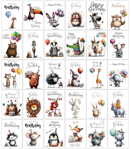 YianHien Birthday Cards, 30 Unique Animals Birthday Cards Multipack