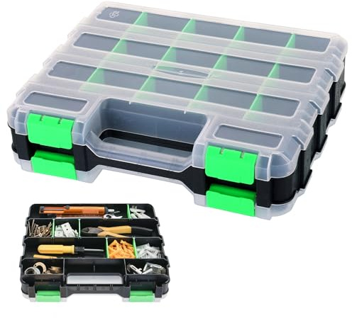 DASBET Organizador de herramientas de doble cara con 34 compartimentos, caja de herramientas divisores extraíbles personalizables con tapa transparente, organizador surtido de accesorios para