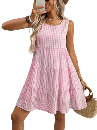 SotRong Robe d'été vichy sans manches à volants pour femme, mini robe décontractée à col rond, nuisette pour les vacances, la plage
