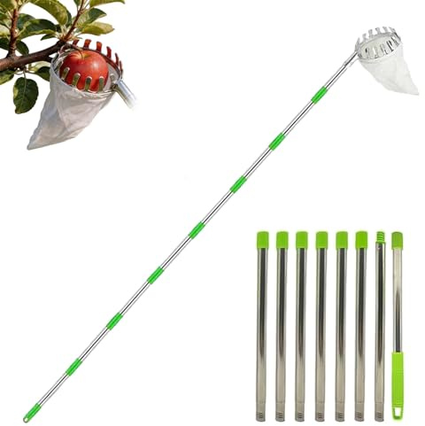 Yorenise Raccoglifrutta Telescopico 3.2 m Diametro 16 cm, Raccogli Frutta con Palo in Acciaio Inox e Sacchetto Cotone, Raccogli Mele Ciliegie Agrumi Pere Pesche, Raccoglitore Frutta Regolabile
