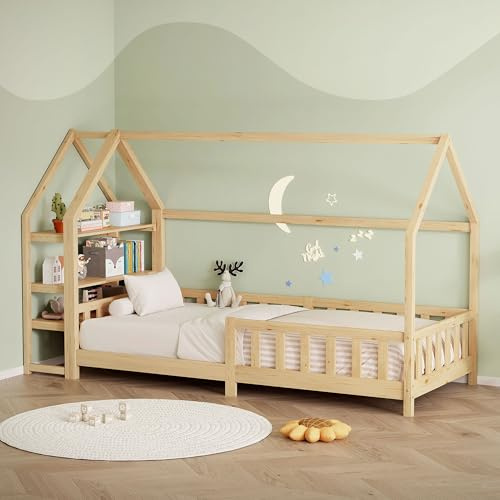 ML-Design Lit Cabane Enfant 90x200 cm Naturel (Beige) en Bois avec Étagère, Protection Contre la Chute, Toit et Sommier à Lattes, Style Maison, Couchage Maisonnette Lit Simple pour Fille ou Garçon