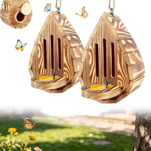 2 Pack Wooden Butterfly House with Feeder, Butterfly Feeder Habitat for Garden, Hanging Butterflys Habitat with Puddler, Butterflys Shelter Supports Breeding for Outside Backyard Balcony Yard