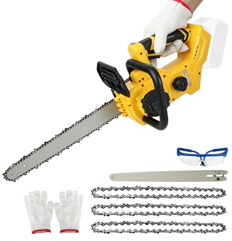 Motosierra inalámbrica sin escobillas compatible con batería Dewalt de 20 V, motosierra eléctrica de 12 pulgadas con 3 cadenas, motosierra portátil de mano para cortar madera, podar árboles (amarillo)