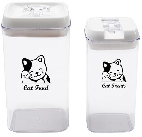 Cat Food and Treats Containers Set with Scoop for Cats - Vintage White Powder-Coated Carbon Steel - Tight Fitting Lids - Storage Canister Tins