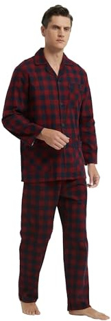 GLOBAL Mens Pyjama Sets | 100% Cotton Soft Flannel Pjs | Long-Sleeve Top Elastic and Drawstring Bottoms