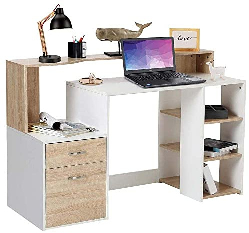 BAKAJI Scrivania con Cassetti e Mobiletto Libreria Tavolo da Lavoro Porta Pc Computer in Legno MDF Design Moderno Arredamento Casa Ufficio Cameretta Bianco Quercia Dimensione 140 x 55 x 92 cm