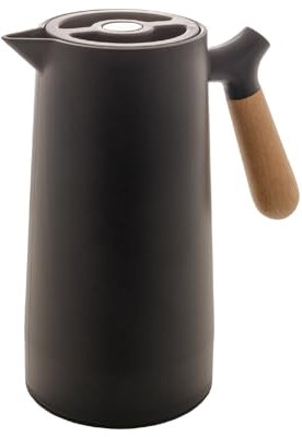 WOLFF Svart termisk kaffekanna för att hålla varm eller kall, dubbelvägg isolerad vakuumflaska för te, vatten varma drycker, läckagesäker kaffedispenser med trähandtag, 1 L (36 oz) termosflaska