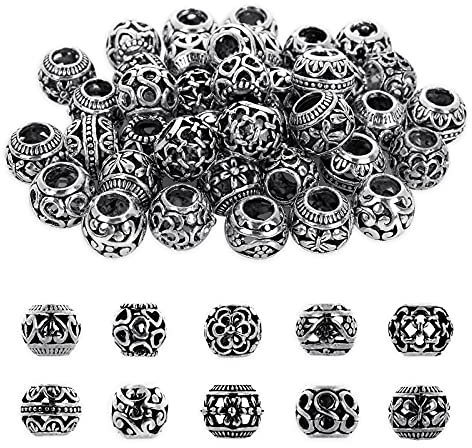 ASTER 40 Stück Zwischenperlen 12mm Metallperlen, 10 Stile Runde Antik Silber Perlenkappen, Tibetische Mixed Metall Spacer Perlen für Basteln DIY Schmuck Armbänder Schmuckherstellung