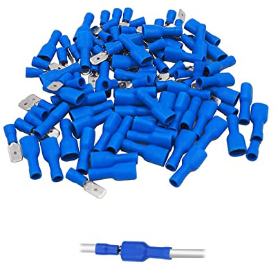 100 Stück Kabelschuhe Set Isolierte PVC Quetschverbinder Flachstecker Blau Quetschverbinder Isolierte Stoßverbinder Kabel-Verbinder aus Messing Verzinnt für 1,5–2,5 mm²(16–14 AWG) Quetschverbinder