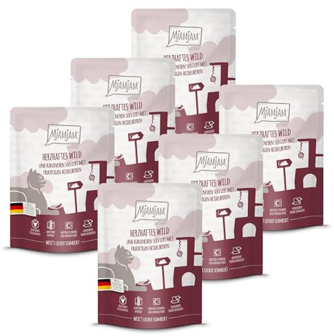 MjAMjAM - nourriture humide premium pour chat - Quetschie - copieux gibier & lapin aux myrtilles fruitées, pack de 6 (6 x 300 g) sans céréales avec supplément de viande