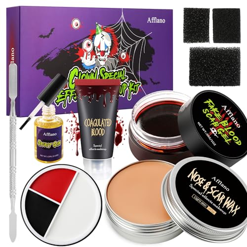 Halloween Make Up Set Zombie Vampir Gruseliger Clown Makeup, Party-Bühne, Joker Skelett-Kostüm Fantasie Spezialeffekte SFX Makeup,Gesicht,Körperbemalung,Wundnarbe Wachs Hautkleber,Kunstblut, 9 Kit
