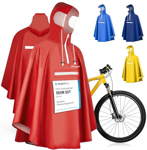 Regenponcho Fahrrad extra wasserdicht und robust - TEST SEHR GUT - Premium Regencape Fahrrad mit Reflektoren, Sichtfenster - Regenbekleidung als Regenponcho Herren und Damen - Regenjacke Rot in M