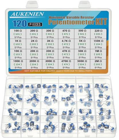 AUKENIEN 24 Werte 120 Stück 100 Ohm bis 2M Ohm Potentiometer Variabler Widerstand Sortiment Blauer und Weißer Horizontaler Widerstände Set