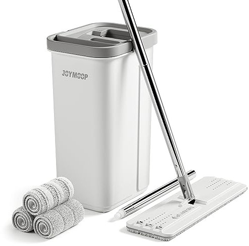 JOYMOOP Juego de fregona y cubo con escurridor, juego de cubo plano blanco para limpieza de suelos, limpiador de pared con mango largo, trapeador de piso de madera dura, trapeador de cabeza plana, 3
