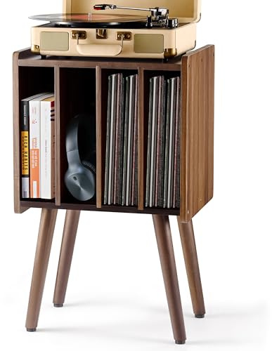2BHOME Skivspelarstativ i trä, bordsskiva med 4 skåp, rymmer upp till 100 LP, skivorganisatör i metall, klassisk design för mapp/böcker (valnöt, 2 hyllor)