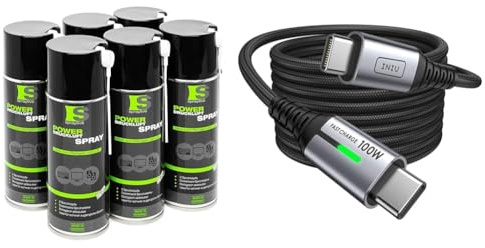 Spraytive Power 6 x 400ml Druckluftspray/Druckluftreiniger mit 100mm Sprühverlängerung | Druckluft aus der Dose (Air Duster) | für die Reinigung von Tastatur & INIU USB C Kabel