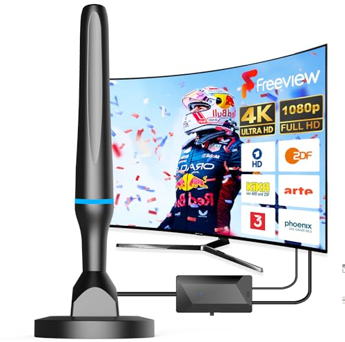 DVBT2 Antenne, zimmerantenne DVB-T & DVB-T2 Antennen mit Verstärker, Großer Reichweite und 360° Empfang, Zimmerantenne für Fernseher mit Starkem Magnetfuß, Geeignet für 4K 1080p & Alle TV-Geräte