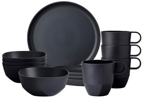 Mepal Frühstücks-Set 12-teilig Silueta Becher (300 ml), Teller (23 cm) und Schalen (750 ml) Outdoor-Geschirr für 4 Personen Spülmaschinen- und mikrowellenfest Kunststoff (PET) Nordic Black