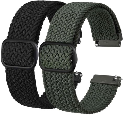 BISONSTRAP 2 Piezas Correas de Reloj de Nailon Trenzado, Hebilla Ajustable Mejorada, Correas Elásticas para Hombre y Mujer, 20mm, Negro+Verde Militar