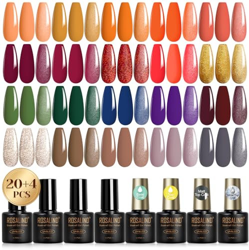 ROSALIND Esmaltes Semipermanentes Para Uñas, 24 Piezas Naranja Rojo Oro Colores Pintauñas Semipermanentes,UV LED Esmaltes de Gel Verde Azul Violeta Marrón Gris Otoño Invierno Manicure Regalo