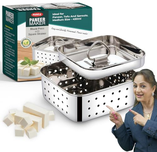 PANCA Molde de acero inoxidable para hacer paneer de tamaño mediano, prensa Paneer con tapa, molde de prensa de tofu, separador de suero (cuadrado, capacidad de 450 ml)