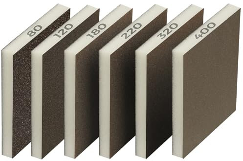 STEBRUAM 6 esponjas de Lijado, 80/120/180/220/320/400, 6 Almohadillas de Lijado de Diferentes especificaciones, Lavables y Reutilizables, Paquete de Papel de Lija para Metal, Madera y Pared